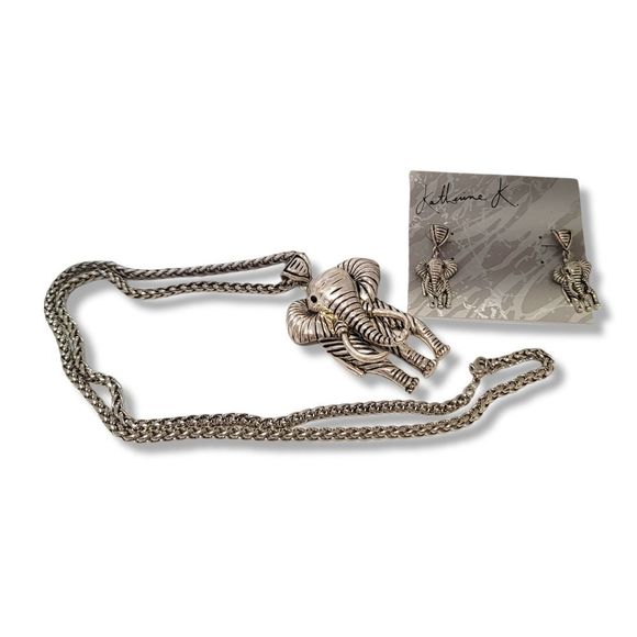 Vintage Black Crystal Sterling Silver Plate African Elephant Pendant Earring set - Picture 8 of 8